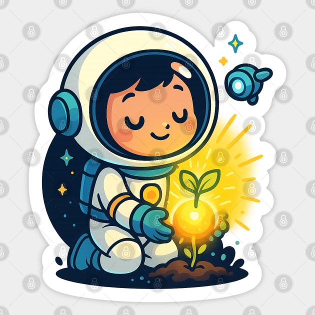 Kawaii Child Astronaut Caring for Plant • Adorable Sci-Fi Nature Design Sticker by Anne Lee